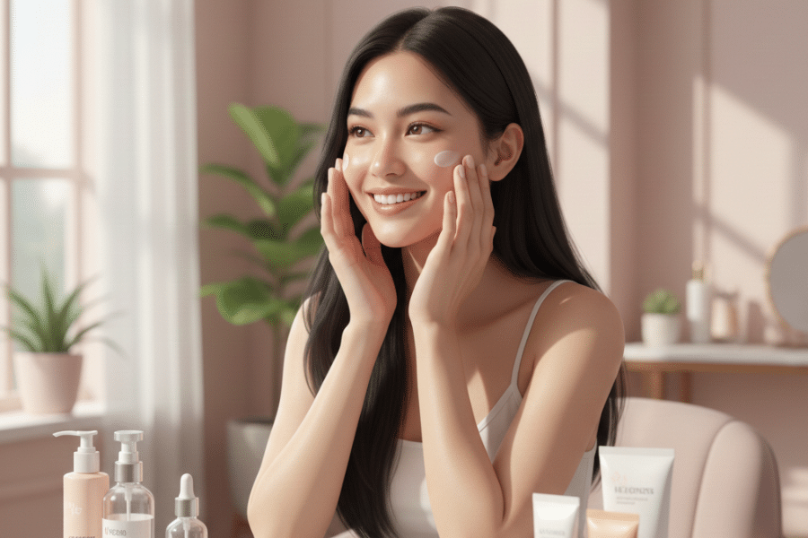 Woman following an expert-backed routine on how to get bright glowing skin using authentic skincare products