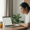 Woman researching ingredients after realizing why skincare stops working after a few months