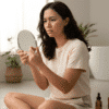 Woman examining her skin, showing signs that skincare products are damaging your skin