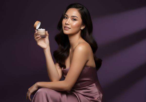 Female Showcasing Cream with rich background purchased from trusted beauty marketplace philippines